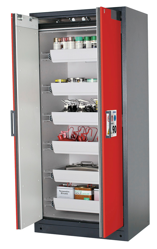 Tűzálló veszélyes anyag tároló szekrény Select W-96, 6 kihúzható kármentő tálca, piros ajtó - 1