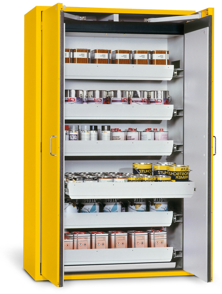 Požárně odolná skříň na nebezpečné látky Edition, s 6 výsuv. vanami, křídl. dveře žluté, typ G 126 - 1
