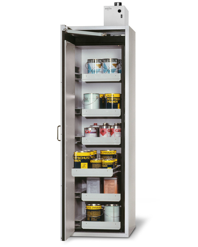 asecos fire-rated hazmat cabinet Edition, 6 slide-out spill trays, door hinged right, grey - 1