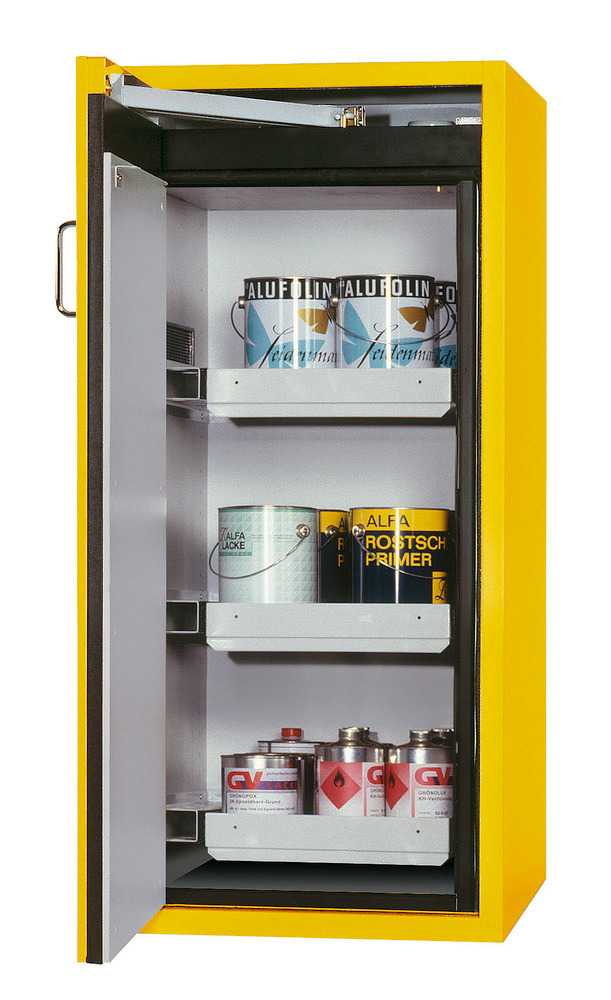 Brandsäkert skåp för kemikalier asecos Edition, 3 utdragskar, vänsterhängd dörr, gult, höjd 1300 mm - 1
