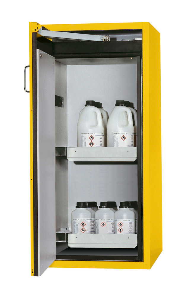 asecos fire-rated hazmat cabinet Edition, 2 slide-out spill trays, door hinged left, yell Model G 62 - 1