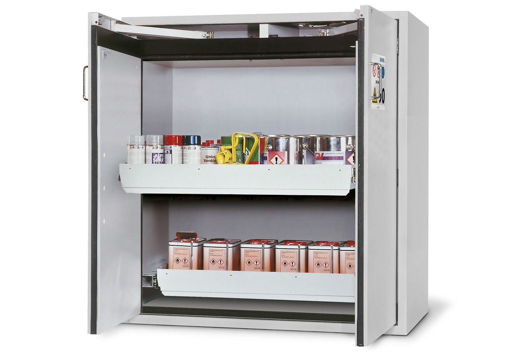 asecos fire-rated hazmat cabinet Edition, 2 slide-out spill trays, wing doors grey, Model G 122