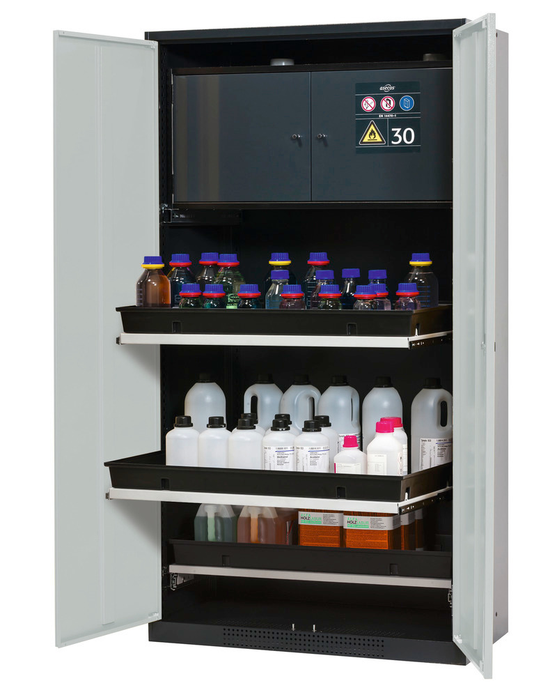 asecos chemicals cabinet Systema-Plus-T, anthracite, grey, safety box, pull-out shelves, Model CS-30 - 1