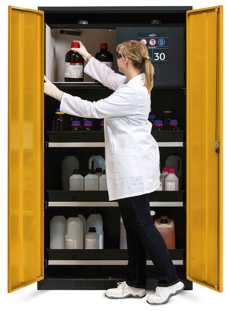 Kemikalieskåp asecos Systema-Plus-T, antracit/gult, säkerhetsbox och utdragshyllor, typ CS-30