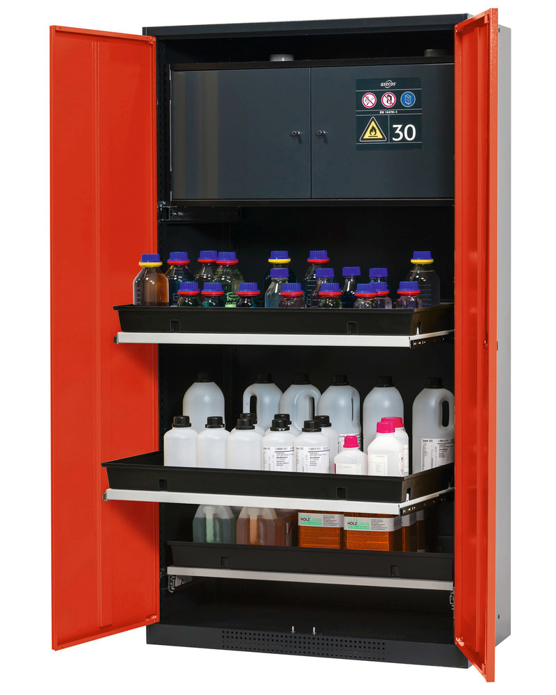 asecos chemicals cabinet Systema-Plus-T, anthracite, red, safety box, pull-out shelves, Model CS-30 - 1