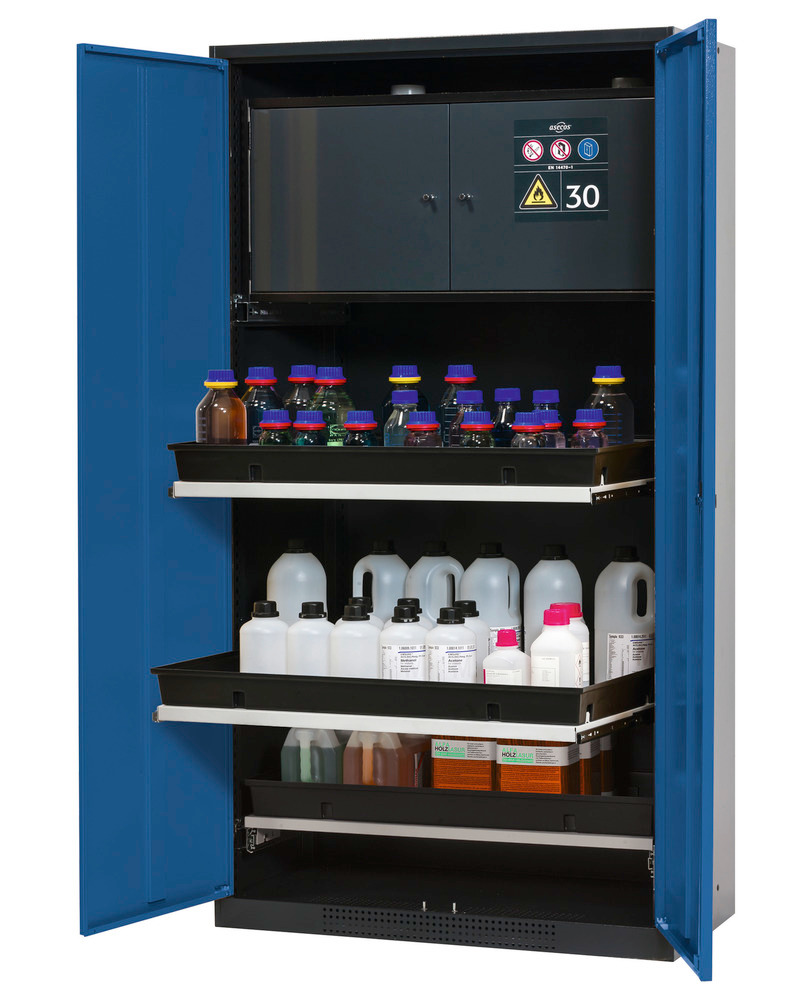 asecos chemicals cabinet Systema-Plus-T, anthracite, blue, safety box, pull-out shelves, Model CS-30 - 1