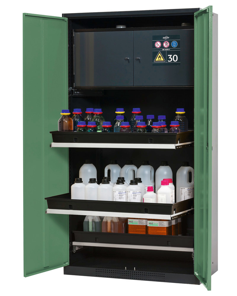 asecos chemicals cabinet Systema-Plus-T, anthracite, green, with safety box, pull-out shelves - 1