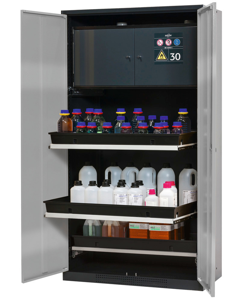 asecos chemicals cabinet Systema-Plus-T, anthracite, silv, safety box, pull-out shelves, Model CS-30 - 1