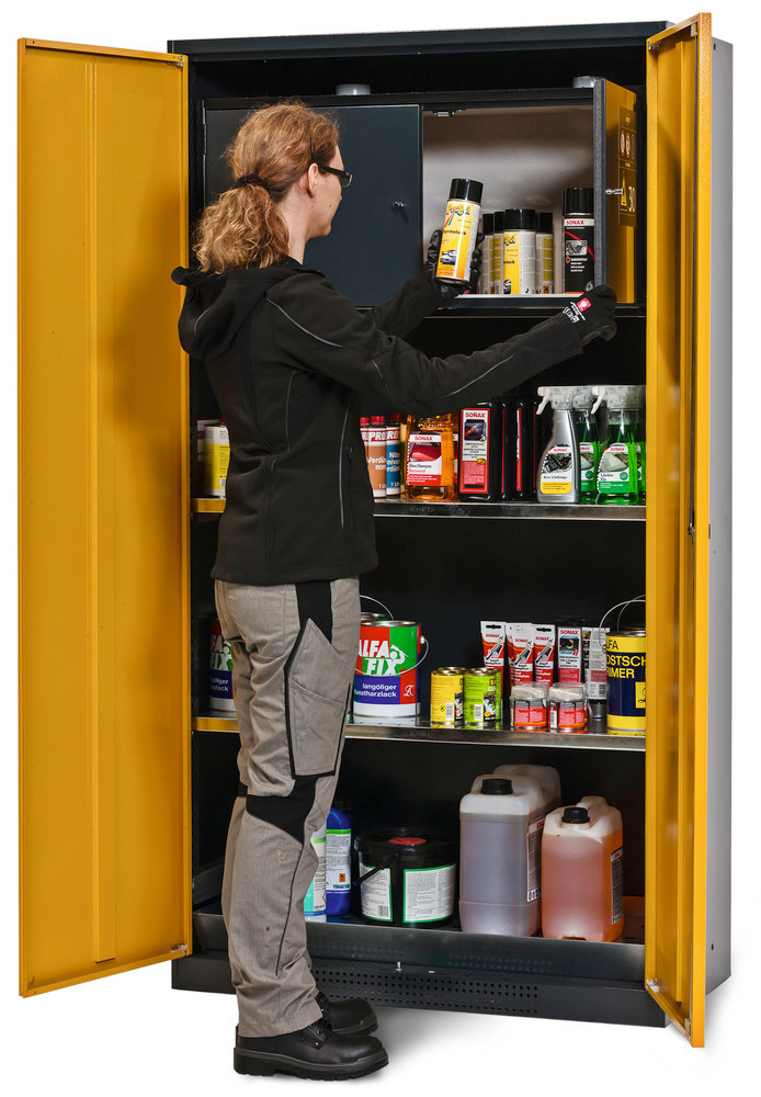 Skriňa na chemikálie Systema-Plus CS-30 s bezpečnostným boxom, 2 police a podlahová vaňa, žltá - 1