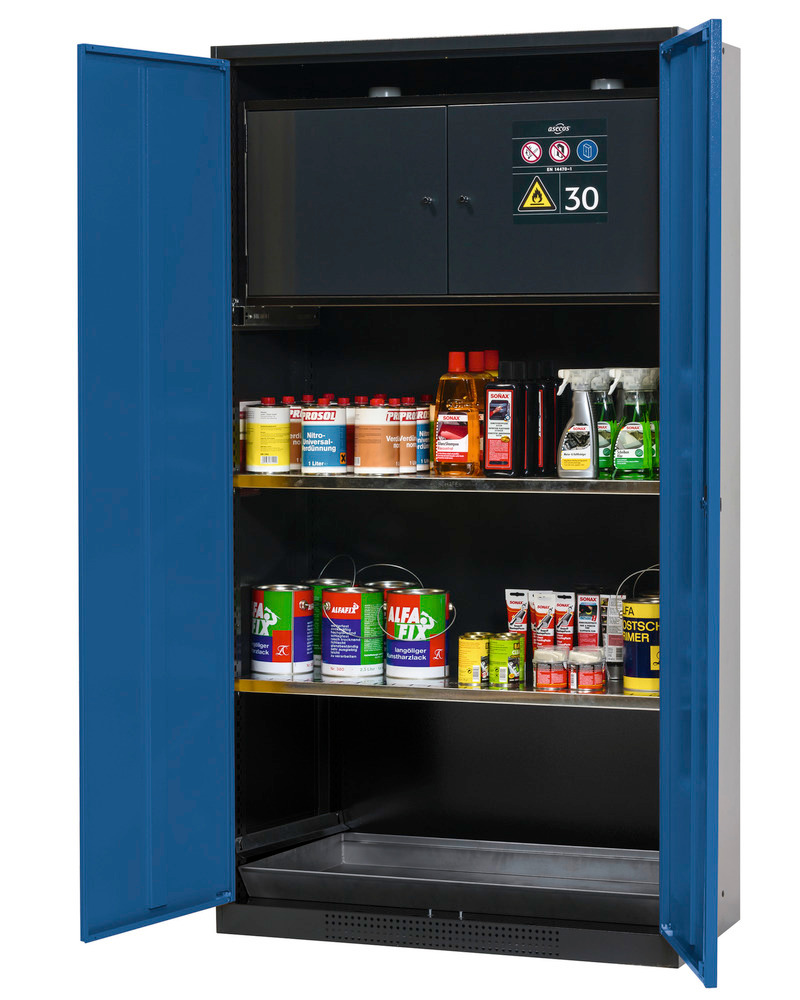 asecos Systema-Plus vegyszertároló szekrény, antracit/kék, biztonsági doboz és polcok, CS-30 típus - 1