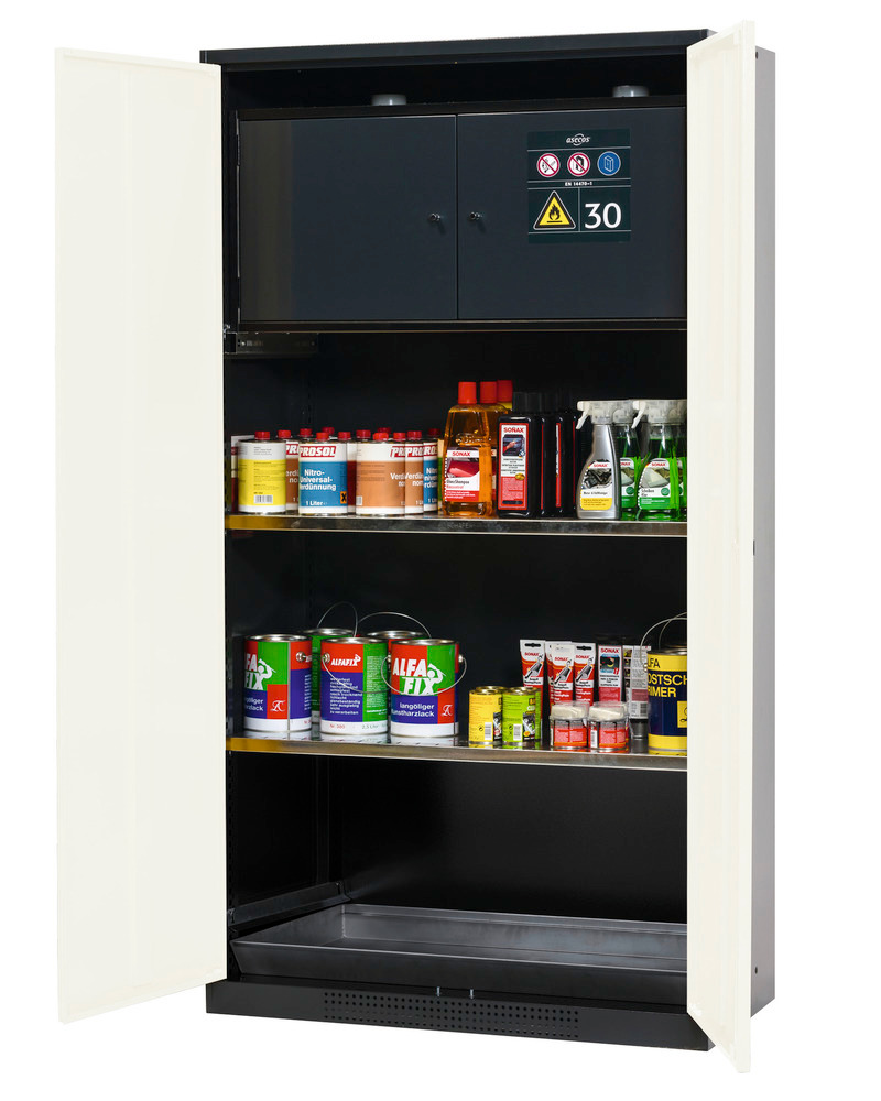 asecos Systema-Plus vegyszertároló szekrény, antracit/fehér, biztonsági doboz, polcok, CS-30 típus - 1