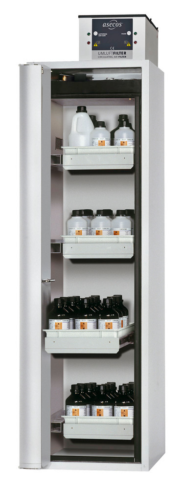 Brandsäkert skåp för kemikalier asecos Edition, 4 utdragskar, vänsterhängd vikdörr, grått, typ G64 - 1
