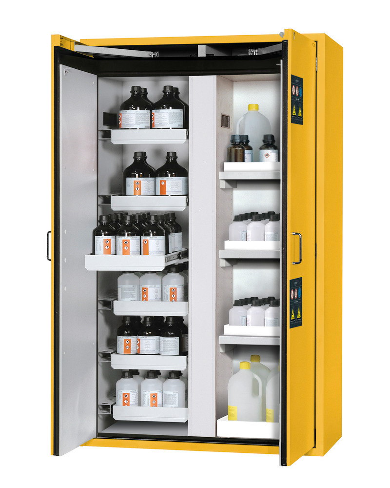asecos fire-rated hazmat cabinet Edition with slide out shelves and spill trays, yellow, W 1196 mm - 1
