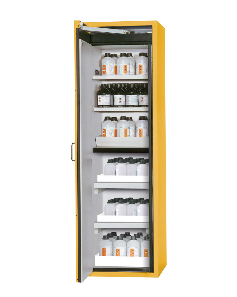 asecos fire-rated hazmat cabinet, shelves and spill trays, floor spill pallets, yellow, W 596 mm - 1