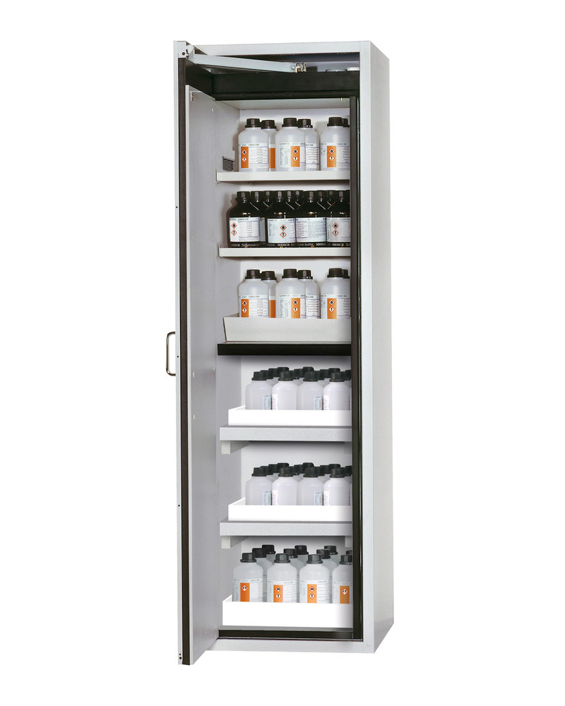 asecos fire-rated hazmat cabinet Edition with shelves and spill trays, floor spill pallet, grey - 1