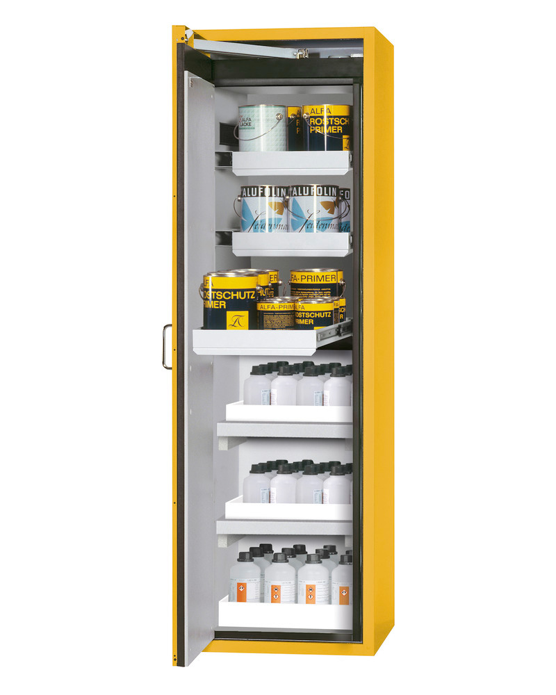 asecos fire-rated hazmat cabinet Edition with slide out shelves and spill trays, yellow, W 596 mm - 1