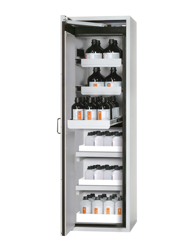 asecos fire-rated hazmat cabinet Edition w. slide out shelves, spill trays, floor spill pallet, grey - 1