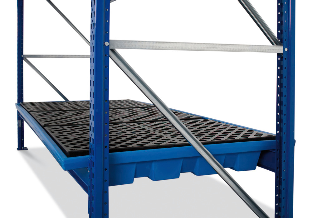 Pallet racking sump KRW 27.11, polyethylene, PE grid, for 2700mm shelf width, 205 litre capacity - 1