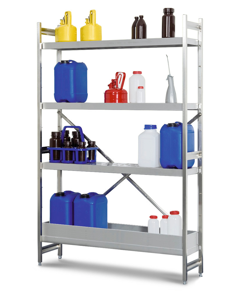 Hazmat small container rack, st. steel, extension unit, 3 perf. plates, spill tray, 875x300x1800 mm - 1