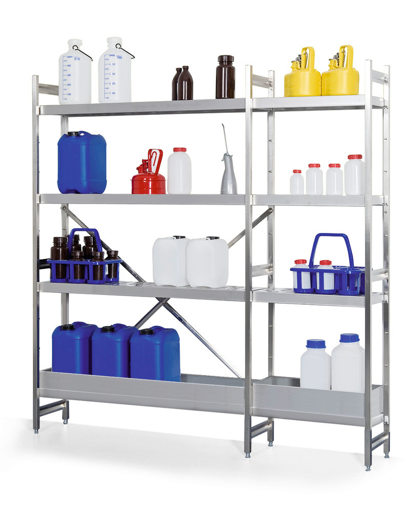 Hazmat small container rack, st. steel, basic unit, 3 perf. plates, spill tray, 1200x300x1800 mm - 2