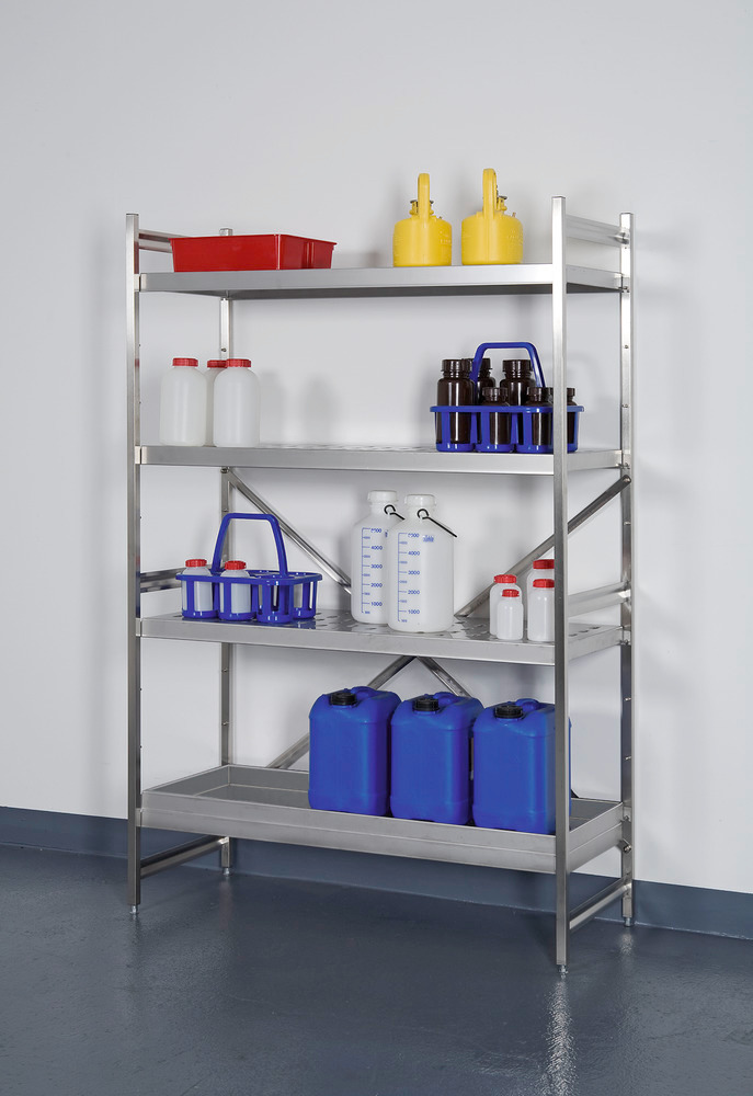 Hazmat small container rack, st. steel, extension unit, 3 perf. plates, spill tray, 1175x300x1800 mm - 2