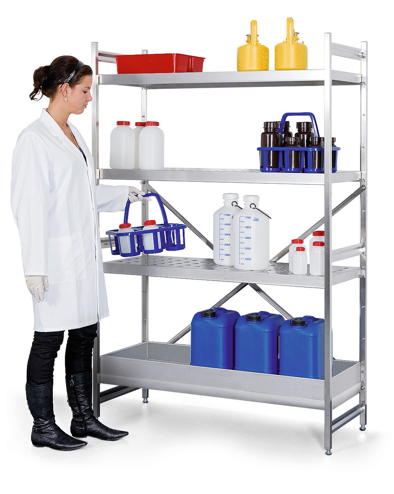 Hazmat small container rack, st. steel, extension unit, 3 perf. plates, spill tray, 1175x300x1800 mm - 1
