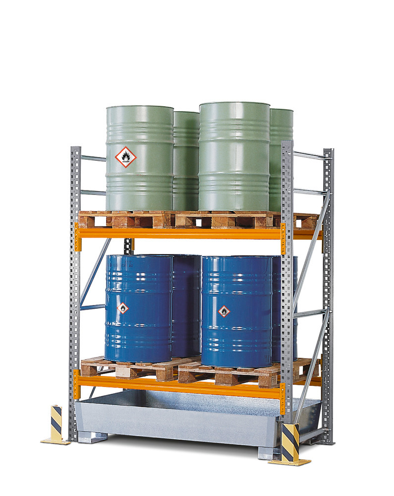 Dryppanne for kjemikalier PRW 43 i stål, galvanisert, gaffellommer, til hyller med 1800 mm fagbredde - 1