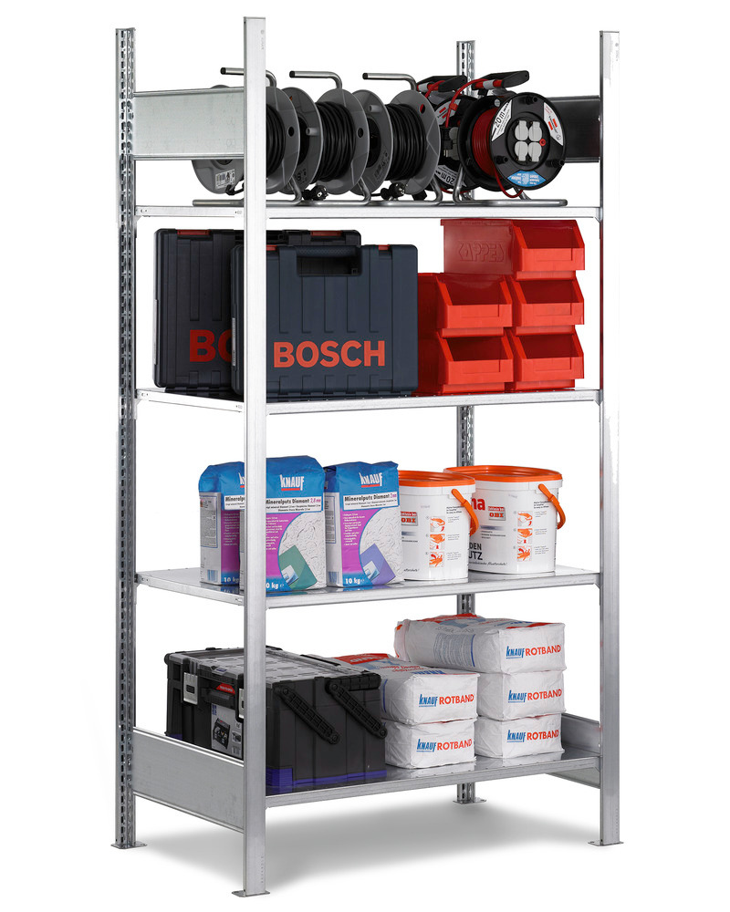 Shelving, basic shelf unit, shelf width 1300 mm, 4 storage levels, 1360 x 637 x 1800 mm - 1