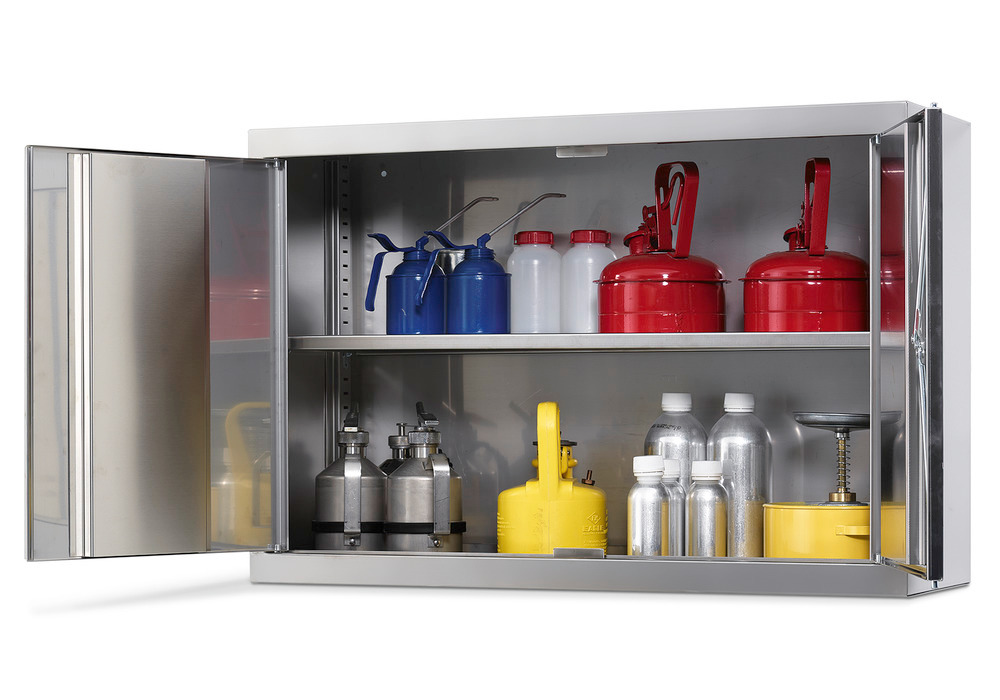 Falra szerelhető vegyszertároló-szekrény Inox HSE-2, polclapokkal és alsó felfogó tálcával, 2 ajtós - 1