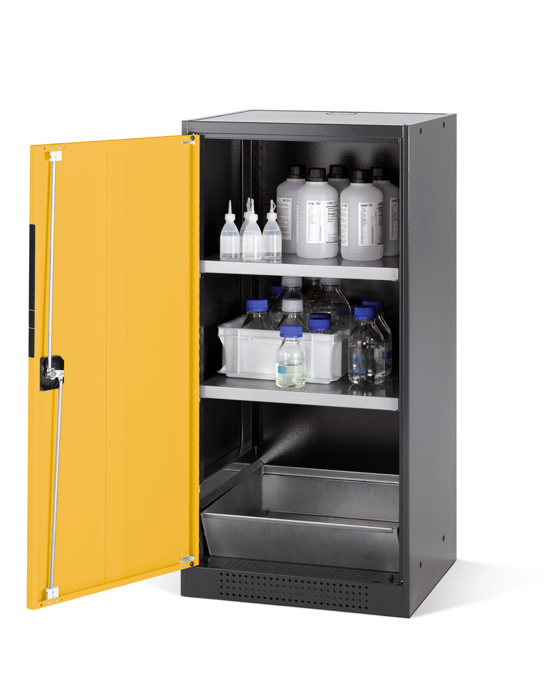 Armário para químicos, corpo antracite, portas bat. amarelas, 2 estantes e bacia: Systema CS-52L - 1