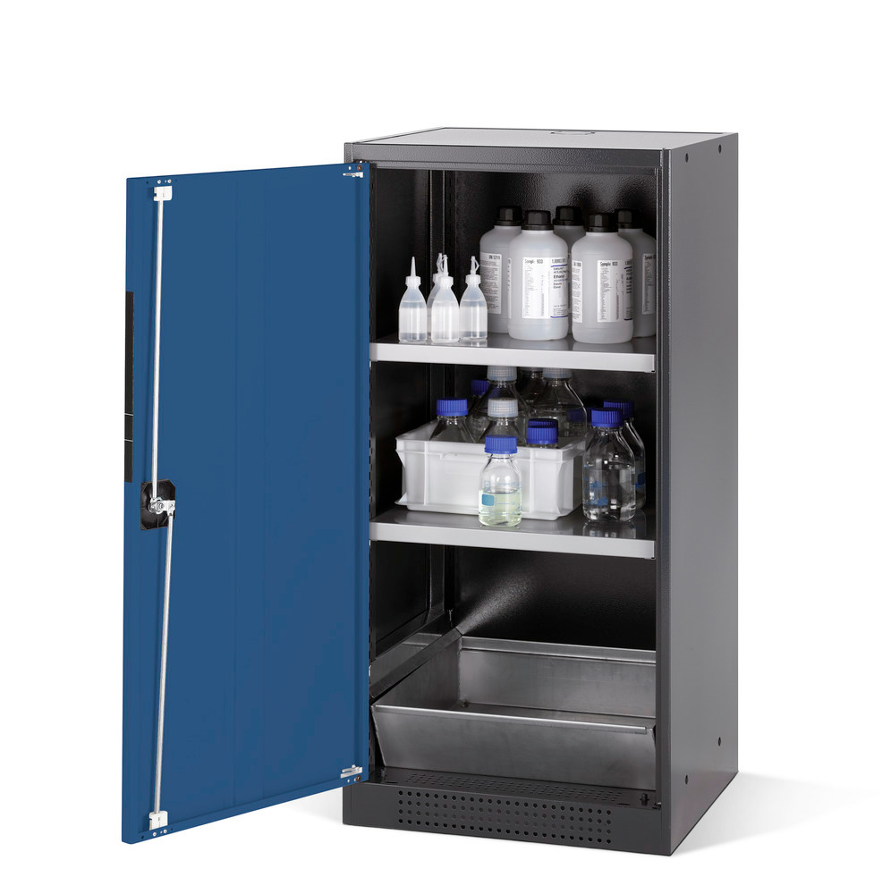 asecos chemicals cabinet Systema CS-52L, body anthracite, blue, 2 shelves and floor spill pallet