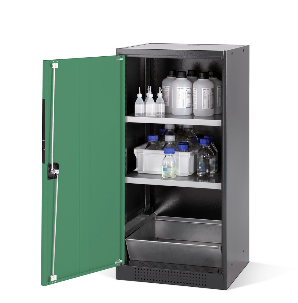 asecos chemicals cabinet Systema CS-52L, body anthracite, green, 2 shelves and floor spill pallet - 1