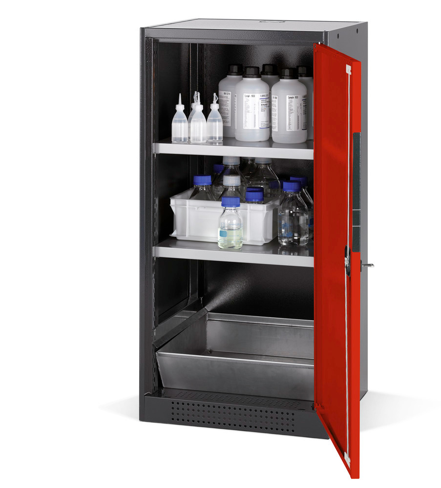 asecos chemicals cabinet Systema CS-52R, body anthracite, red, 2 shelves and floor spill pallet - 1