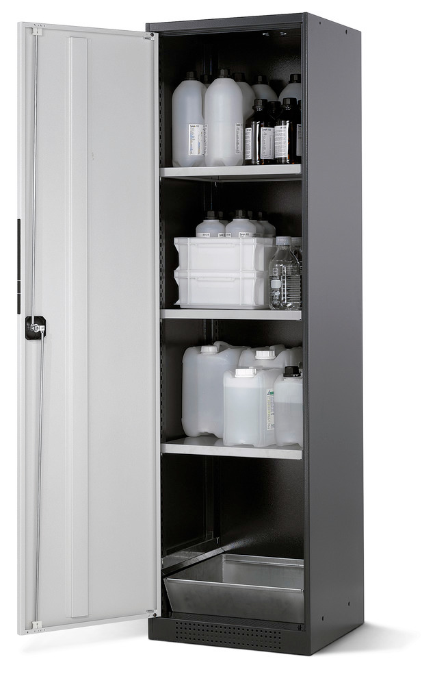 asecos chemicals cabinet Systema CS-53L, body anthracite, grey, 3 shelves and floor spill pallet
