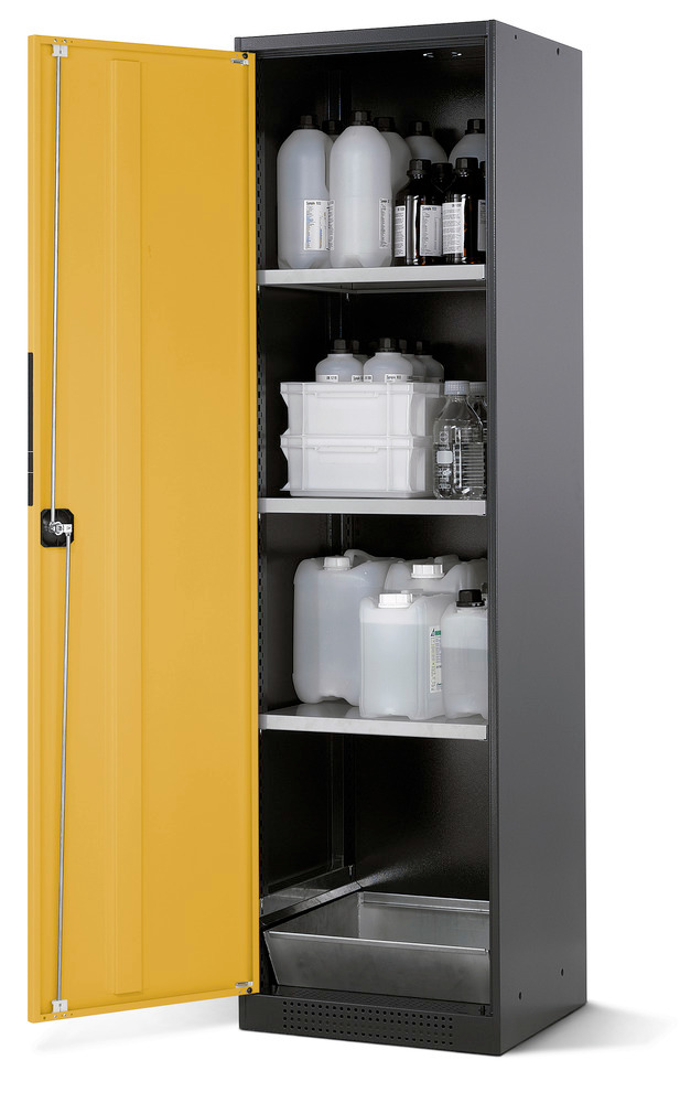 Kemikalieskåp asecos Systema CS-53L, antracitgrå stomme, gult, 3 hyllplan och bottenkar - 1