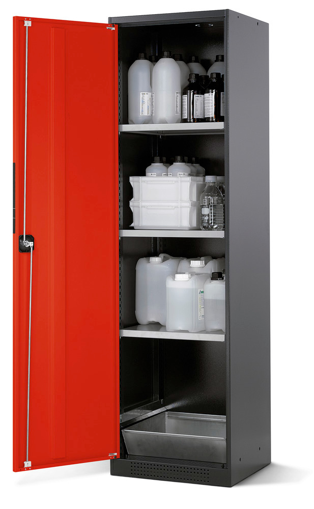 asecos chemicals cabinet Systema CS-53L, body anthracite, red, 3 shelves and floor spill pallet - 1