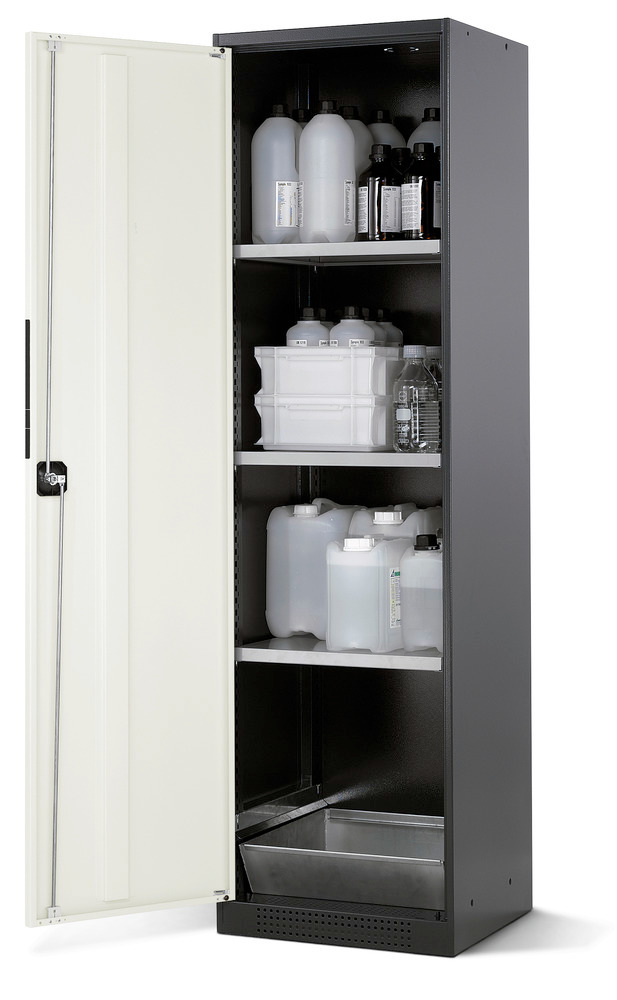 Kemikalieskab Systema CS-53L, kabinet antracitgrå, hvide fløjdøre, 3 hylder og bundkar - 1