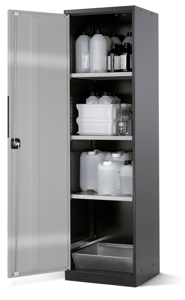 asecos chemicals cabinet Systema CS-53L, body anthracite, silver, 3 shelves and floor spill pallet - 1