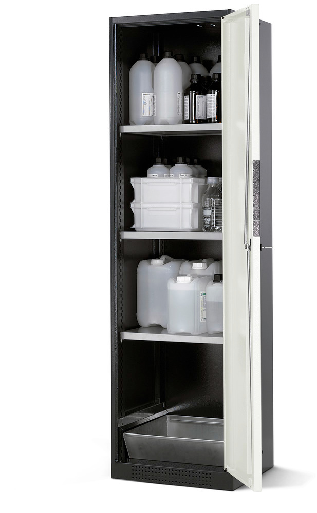 Armário para químicos asecos, Systema CS-53R, corpo antracite, cinzento, 3 estantes e bacia