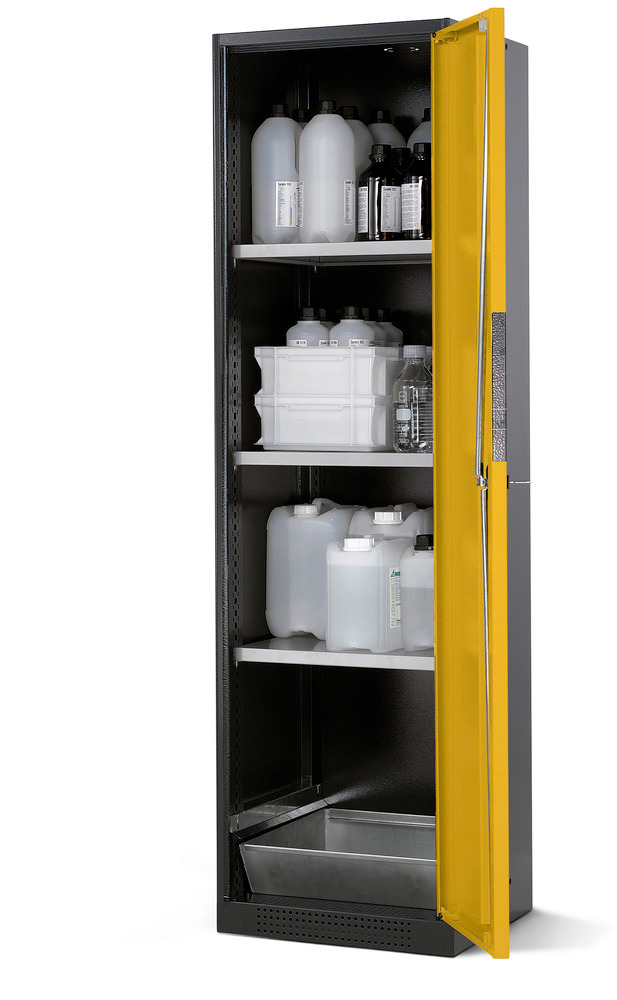 Kemikalieskåp asecos Systema CS-53R, antracitgrå stomme, gult, 3 hyllplan och bottenkar