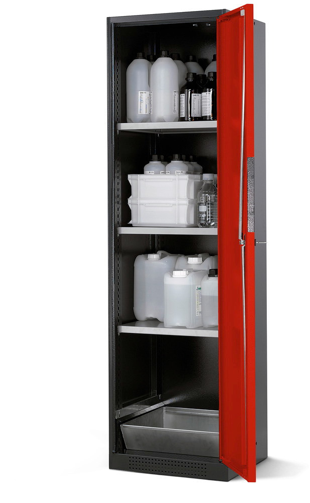 Kjemikalieskap Systema CS-53R, antrasittgrått kabinett, røde fløydører, 3 hyller og bunnkar
