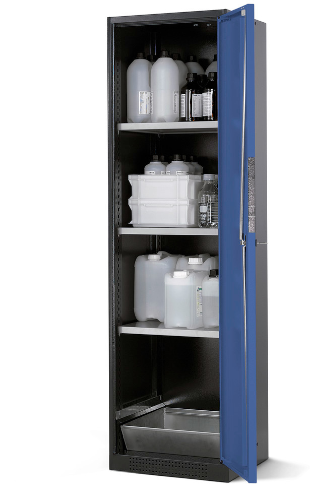 Kemikalieskåp asecos Systema CS-53R, antracitgrå stomme, blått, 3 hyllplan och bottenkar - 1