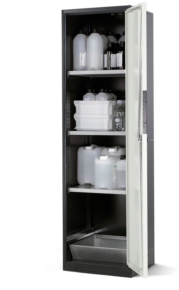 Armário para químicos asecos, Systema CS-53R, corpo antracite, branco, 3 estantes e bacia - 1