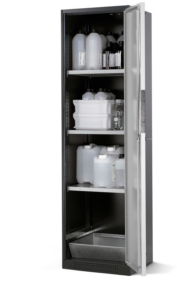 asecos chemicals cabinet Systema CS-53R, body anthracite, silver, 3 shelves and floor spill pallet - 1