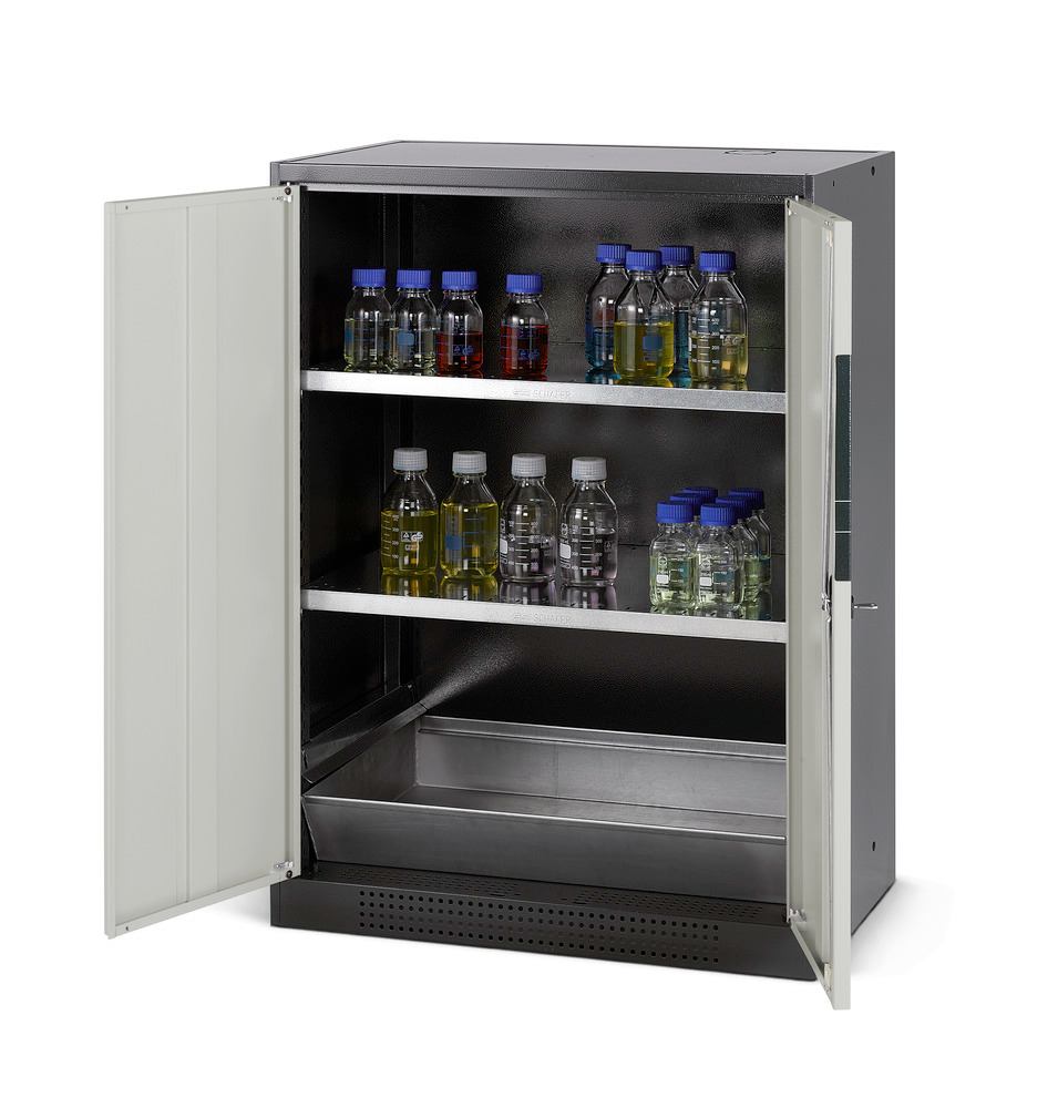 asecos chemicals cabinet Systema CS-82, body anthracite, grey, 2 shelves and floor spill pallet - 1