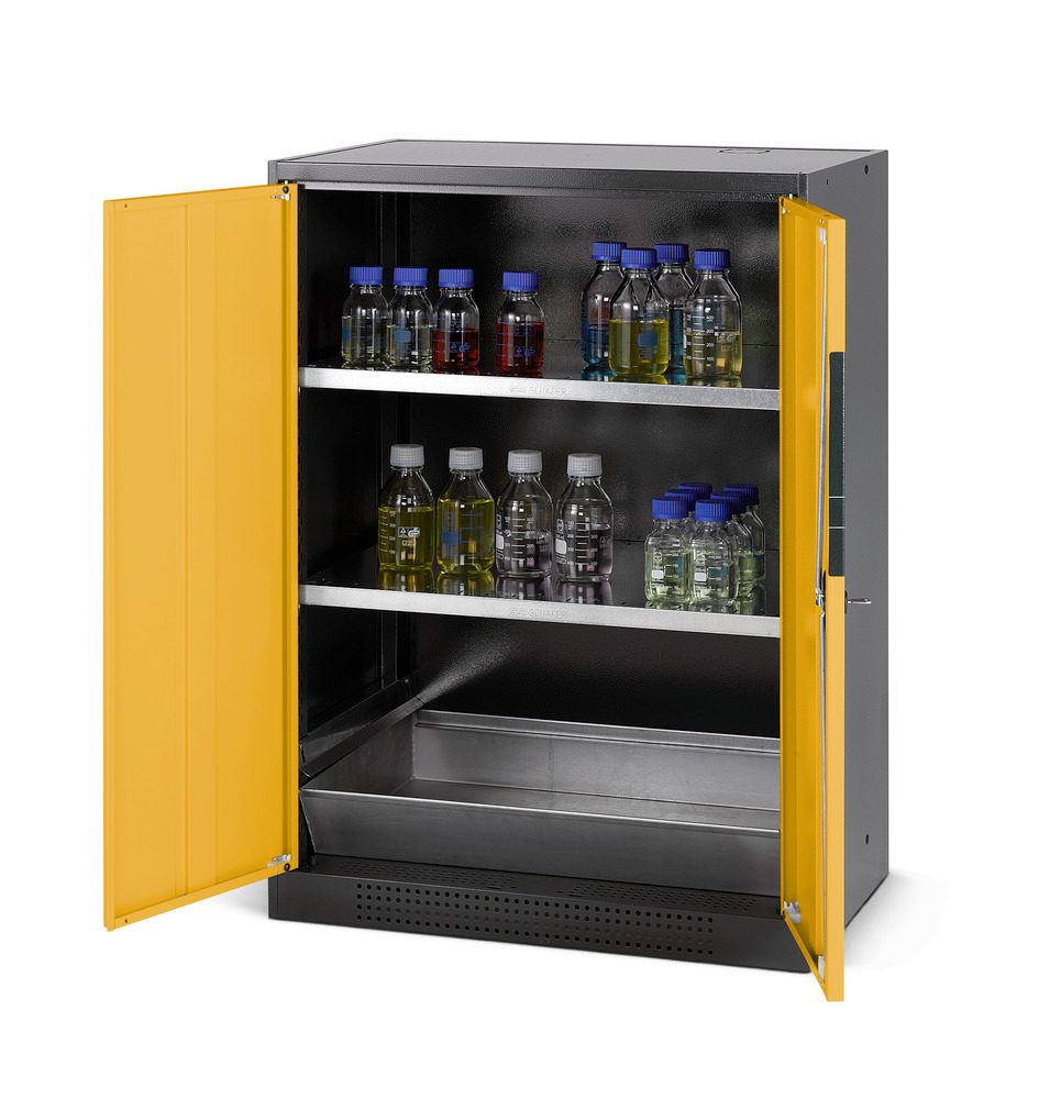 asecos chemicals cabinet Systema CS-82, body anthracite, yellow, 2 shelves and floor spill pallet - 1