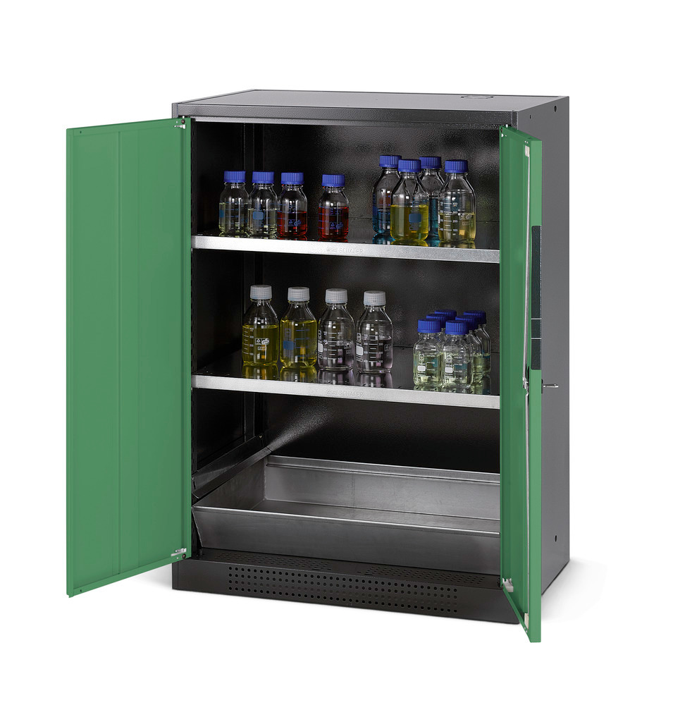 Armario para químicos Systema CS-82, antracita, puertas batientes verde, 2 estantes y cubeto