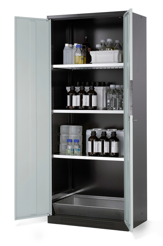 asecos chemicals cabinet Systema CS-83, body anthracite, grey, 3 shelves and floor spill pallet - 1