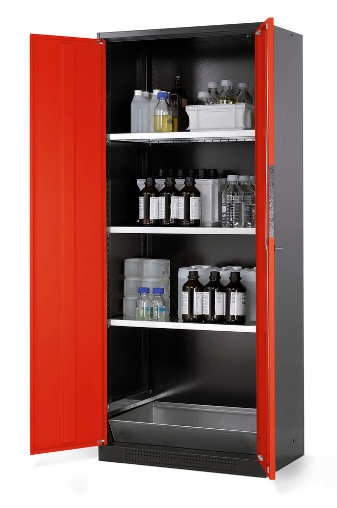 asecos chemicals cabinet Systema CS-83, body anthracite, red, 3 shelves and floor spill pallet - 1