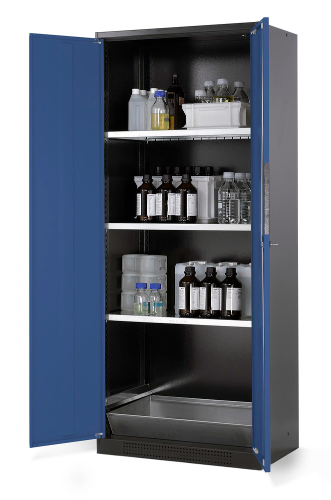 asecos chemicals cabinet Systema CS-83, body anthracite, blue, 3 shelves and floor spill pallet